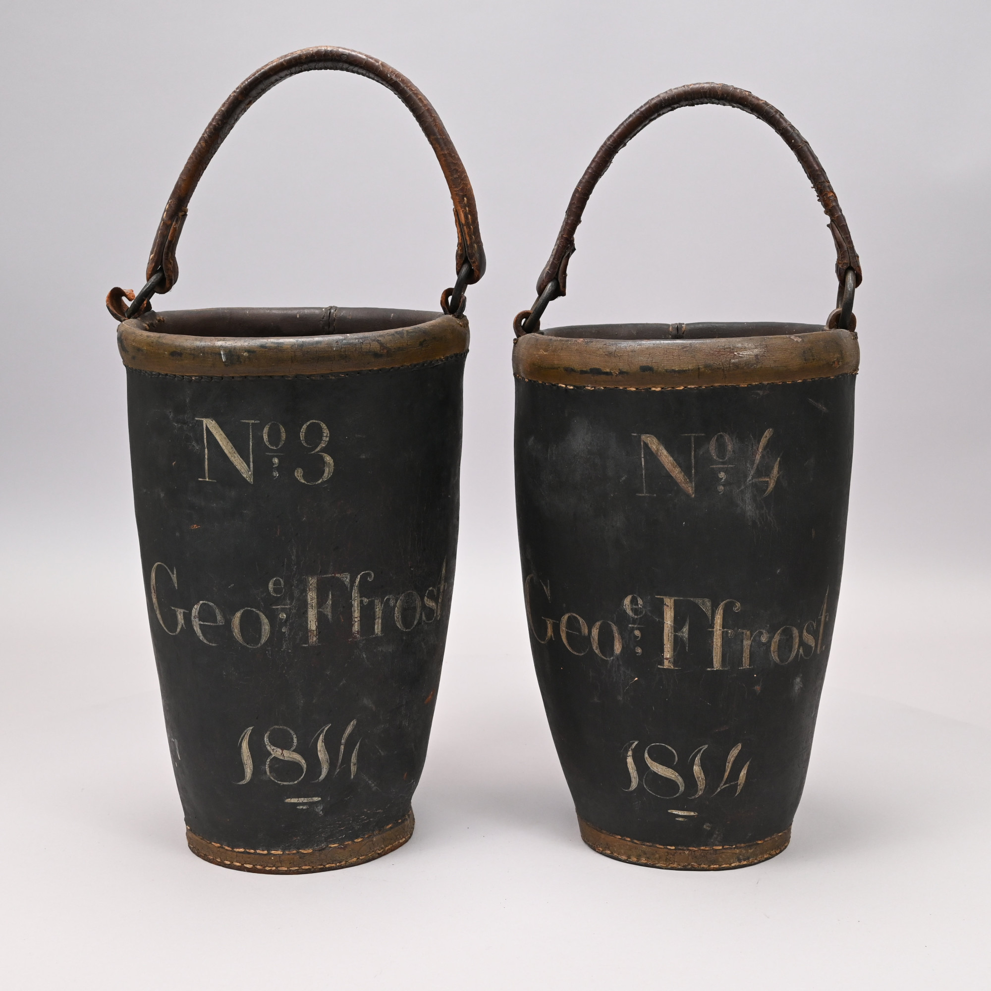 George Ffrost's Pair of New Hampshire Painted Leather Fire Buckets, Durham, Dated 1814