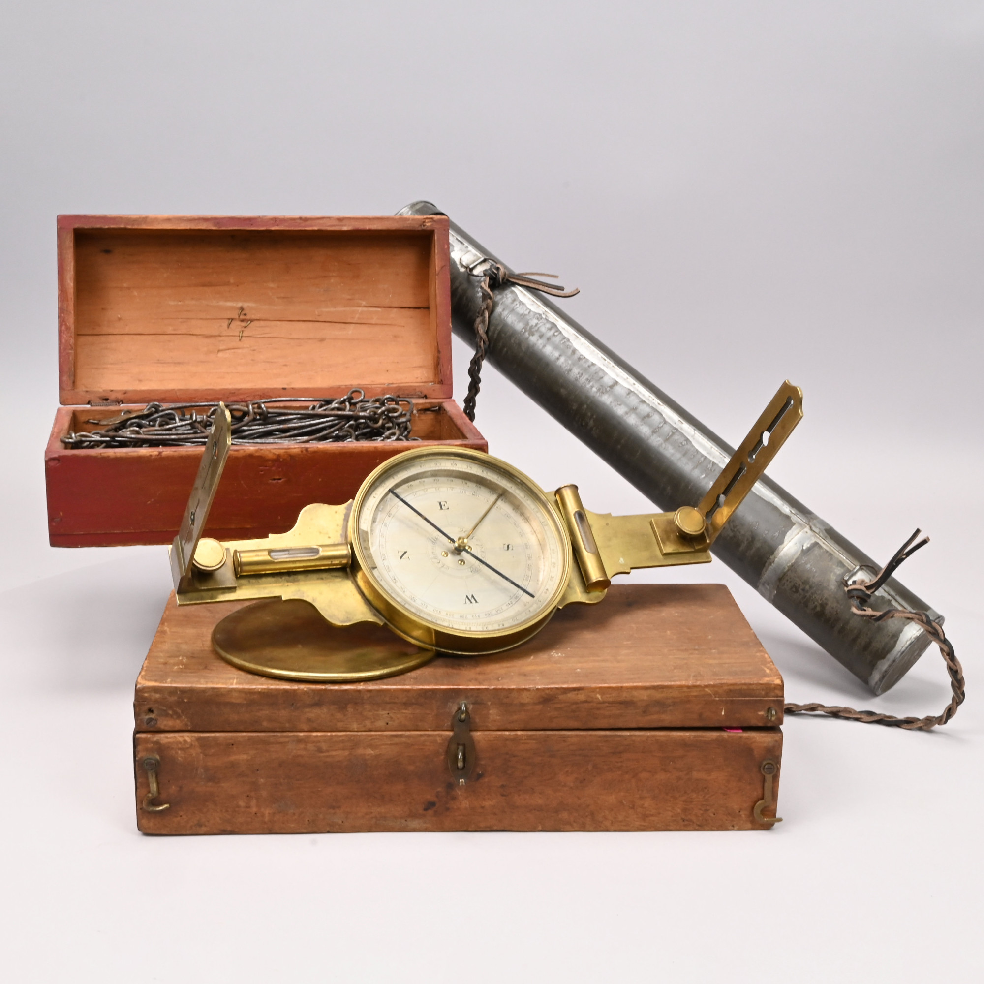 Rare New Hampshire Boxed Brass Surveyor's Compass, Abiel Chandler, Concord