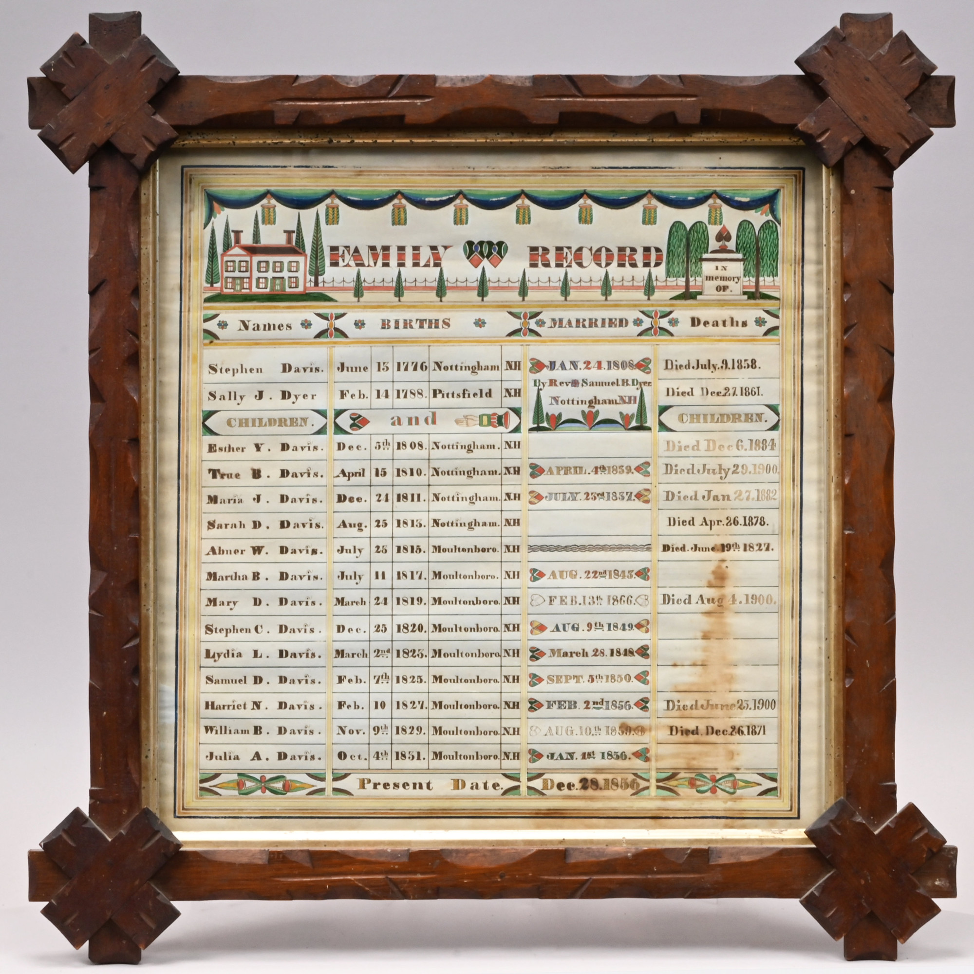 Fine Stephen Davis and Sally J. (Dyer) Davis Family Record, the "Heart and Hand Artist", (Maine, Vermont and New Hampshire, fl. 1849-1858), Nottingham, Moultonboro and Pittsfield, New Hampshire, December 28, 1856