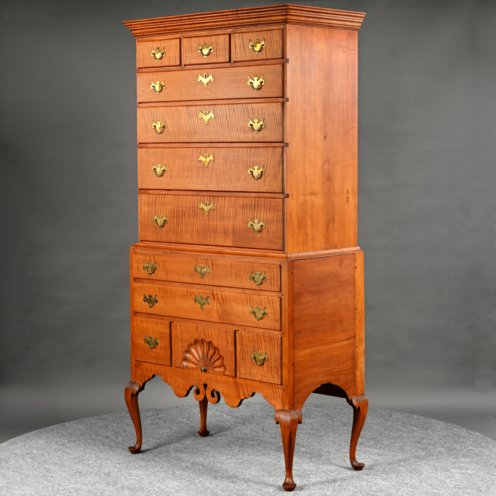 New Hampshire Queen Anne Tiger Maple High Chest of Drawers, Joel Joslyn (Henniker, New Hampshire, 1776-Pembroke, New York, 1831), 1793-1797