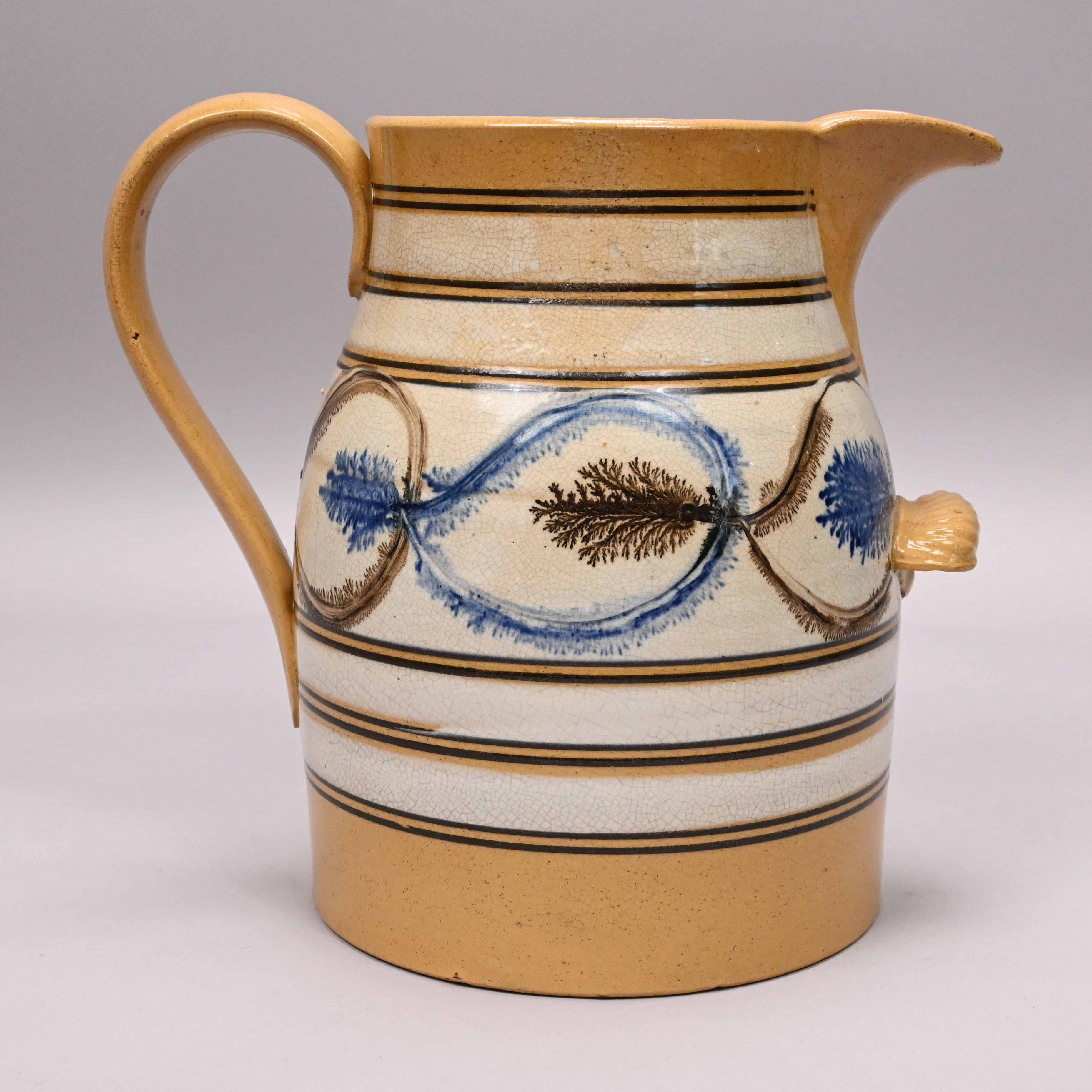 Yellowware Dendritic Slip-Banded Mochaware Jug, British or American, 1840-1870