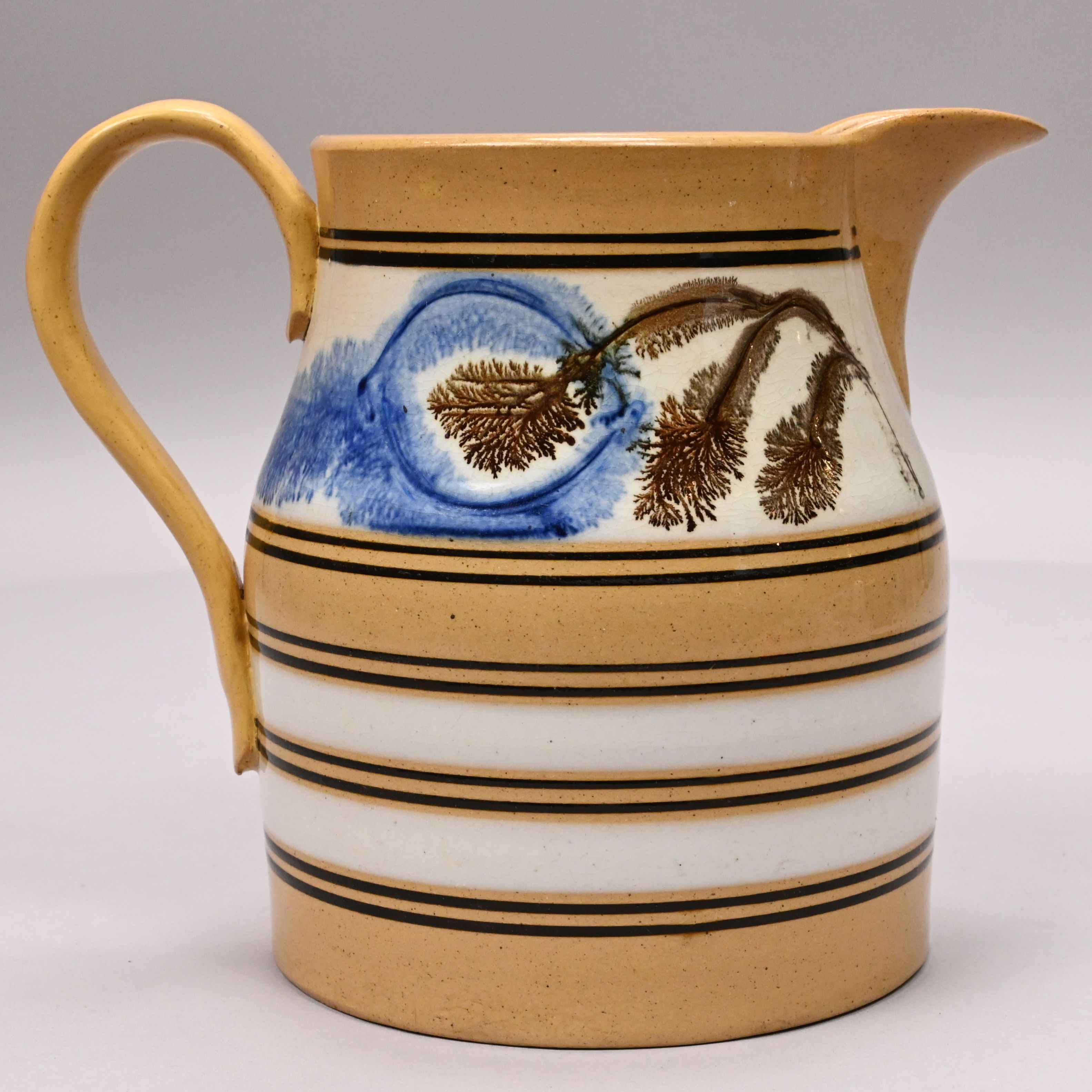 Yellowware Dendritic Slip-Banded Mochaware Jug, British or American, 1840-1870