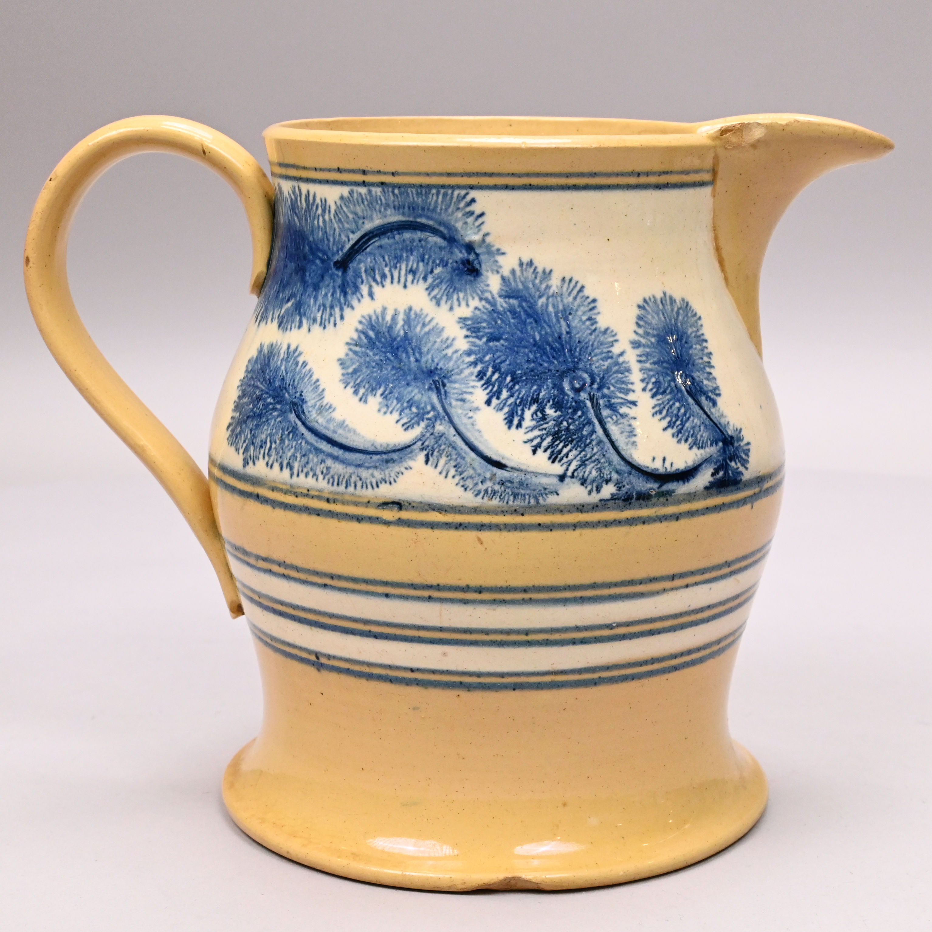 Yellowware Dendritic Slip-Banded Mochaware Jug, British or American, 1840-1870