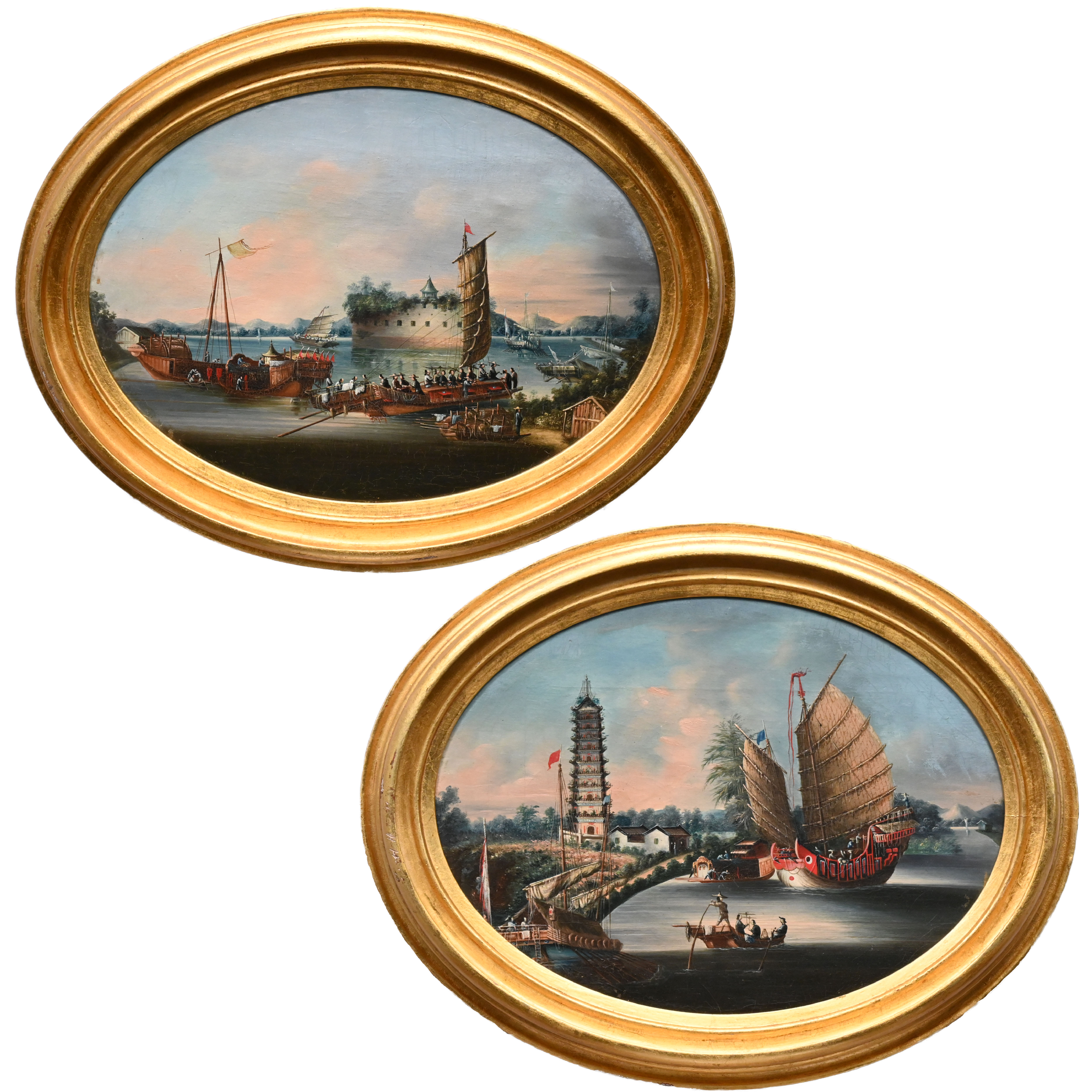 Yeuqua (Chinese, Act. 1850 - 1885). Pair of Oval China Trade Views: The Nine-Stage Pagoda at Whampoa Anchorage and the Dutch Folly Fort on the Pearl River