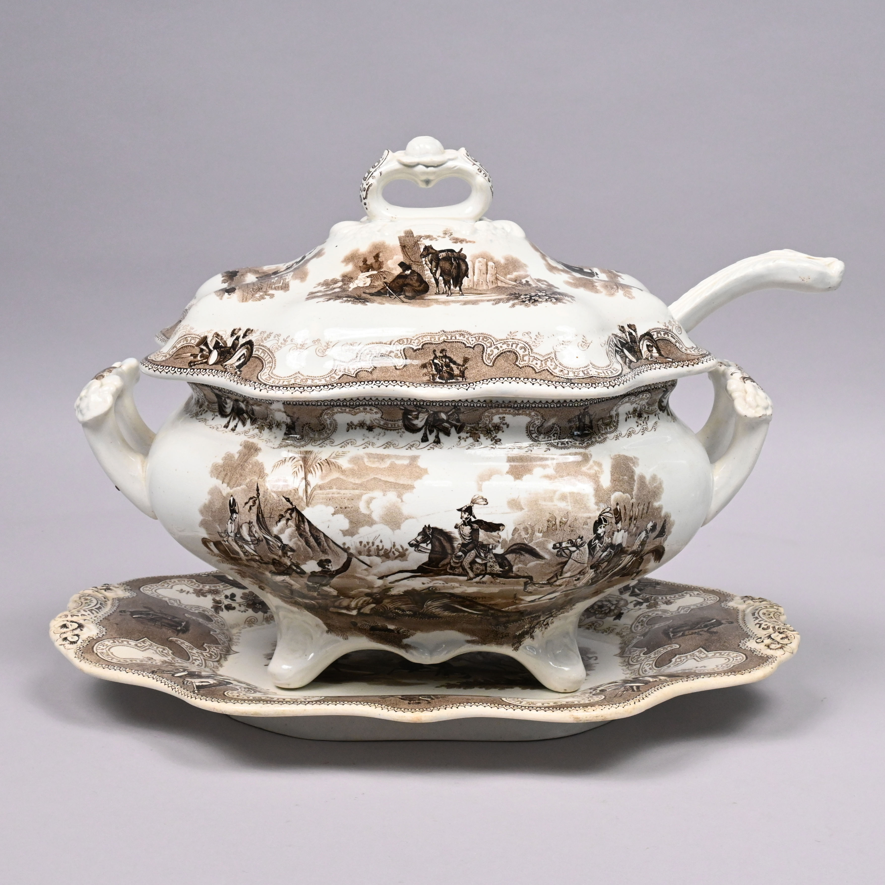 'Texian Campaigne' Series, Staffordshire Brown Transfer-Printed Soup Tureen, Cover, Stand and Ladle, James Beech, 1834-1844