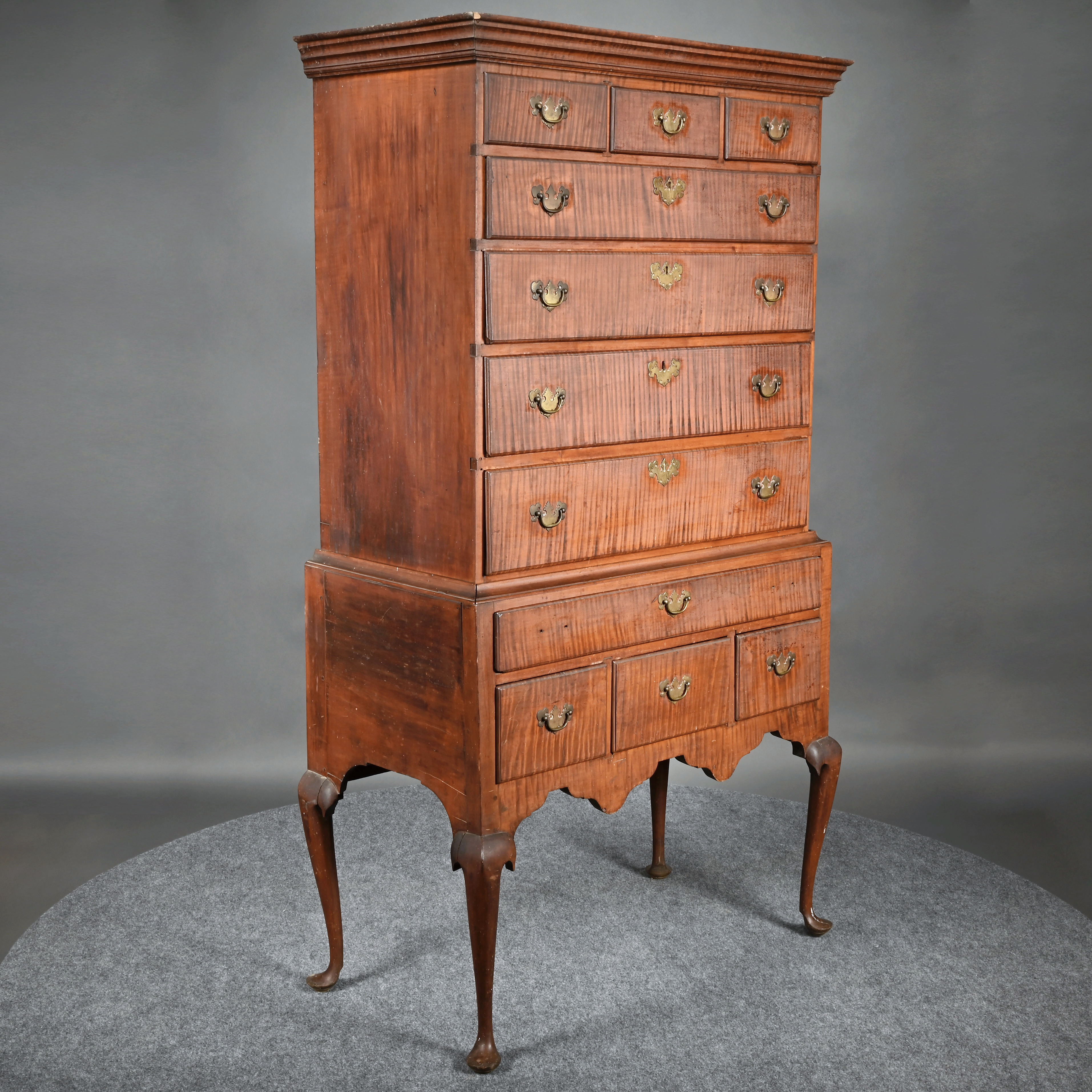 New Hampshire Queen Anne Tiger Maple Flat Top Highboy