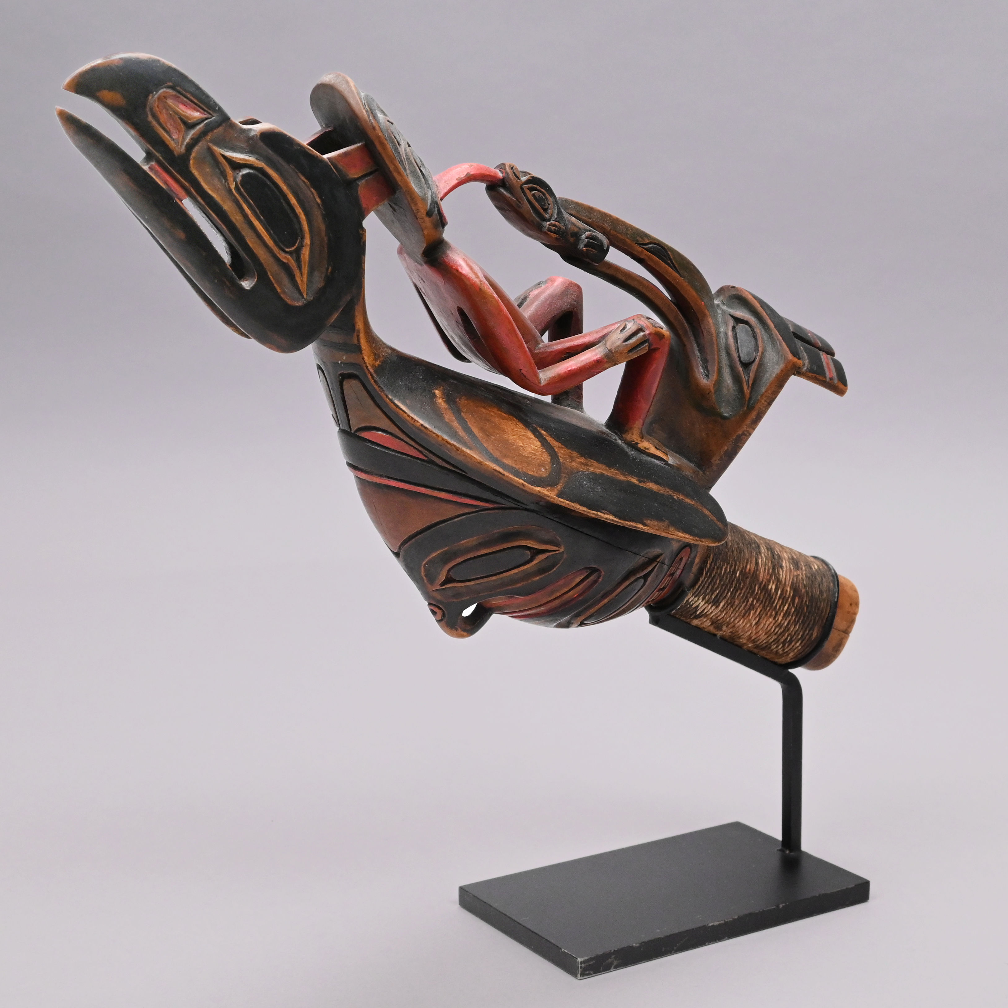 Rare Northwest Coast Carved Cedar with Pigments Ceremonial Raven Rattle, Tlingit, Circa 1850