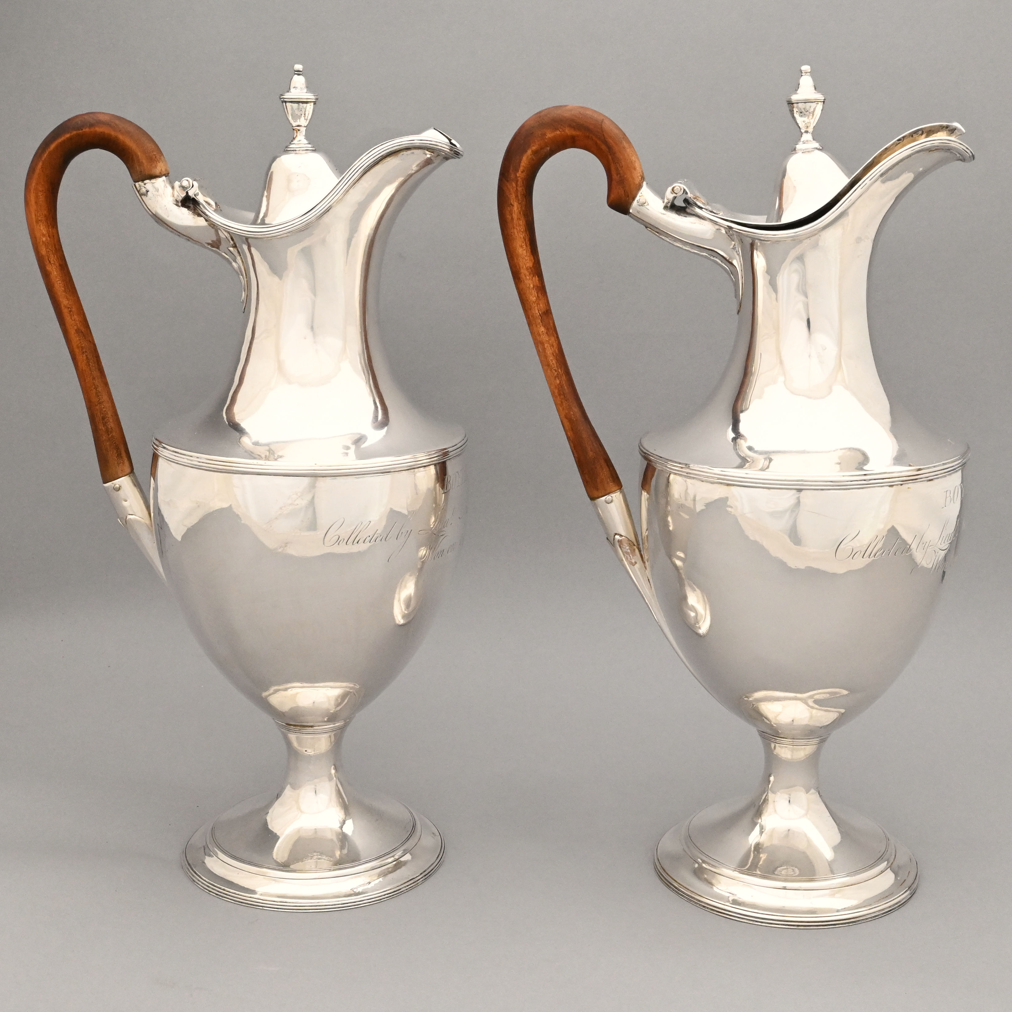 Pair of George III English and Irish Sterling Silver Trophy Ewers, the first Thomas Daniell, London, 1786, the second Thomas Jones, Dublin, 1790