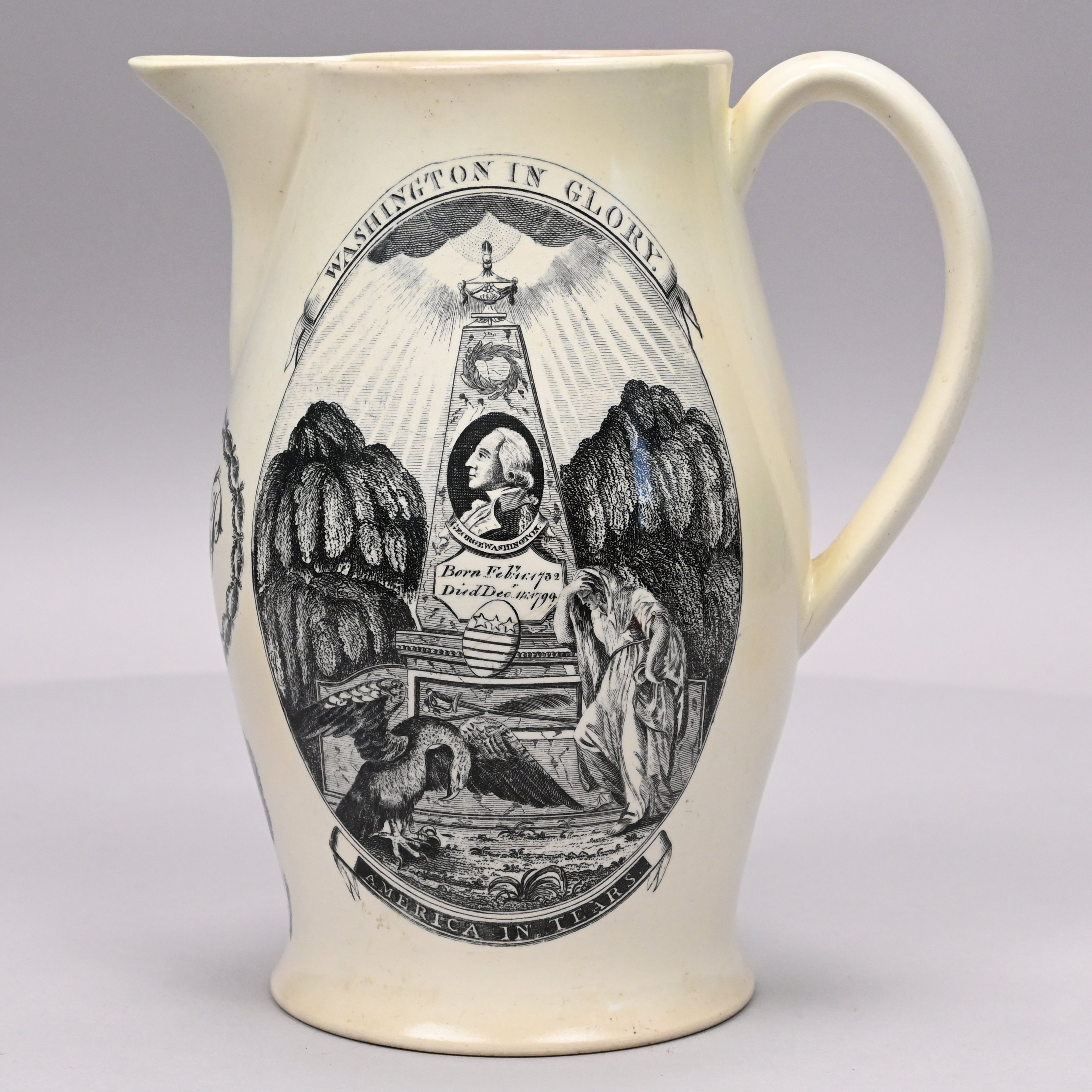 English Creamware Black Transfer-Printed Jug, Staffordshire or Liverpool, 1800-1810