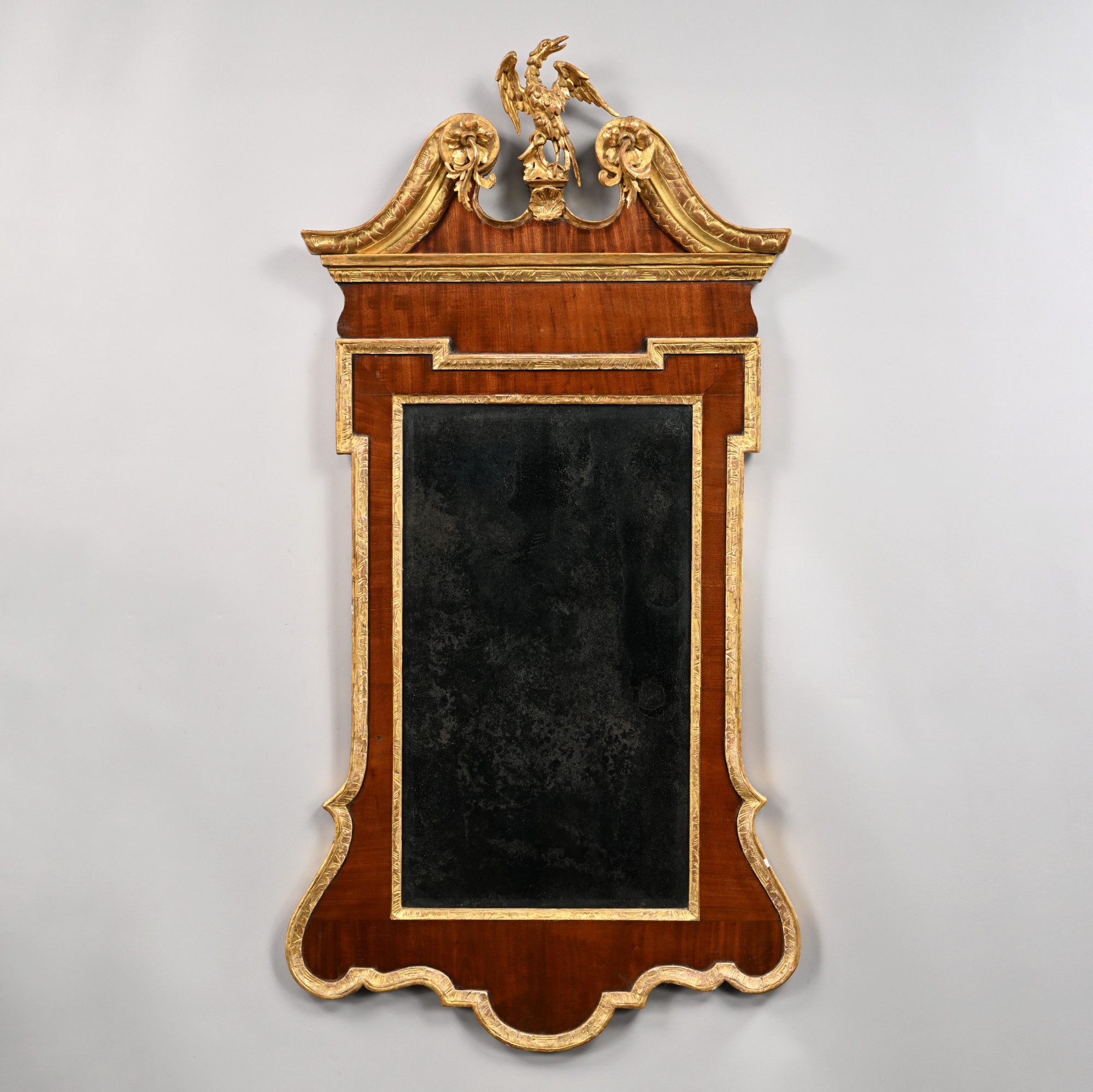George II Mahogany and Parcel-Gilt Mirror or Looking Glass, in the Manner of William Kent, 18th Century