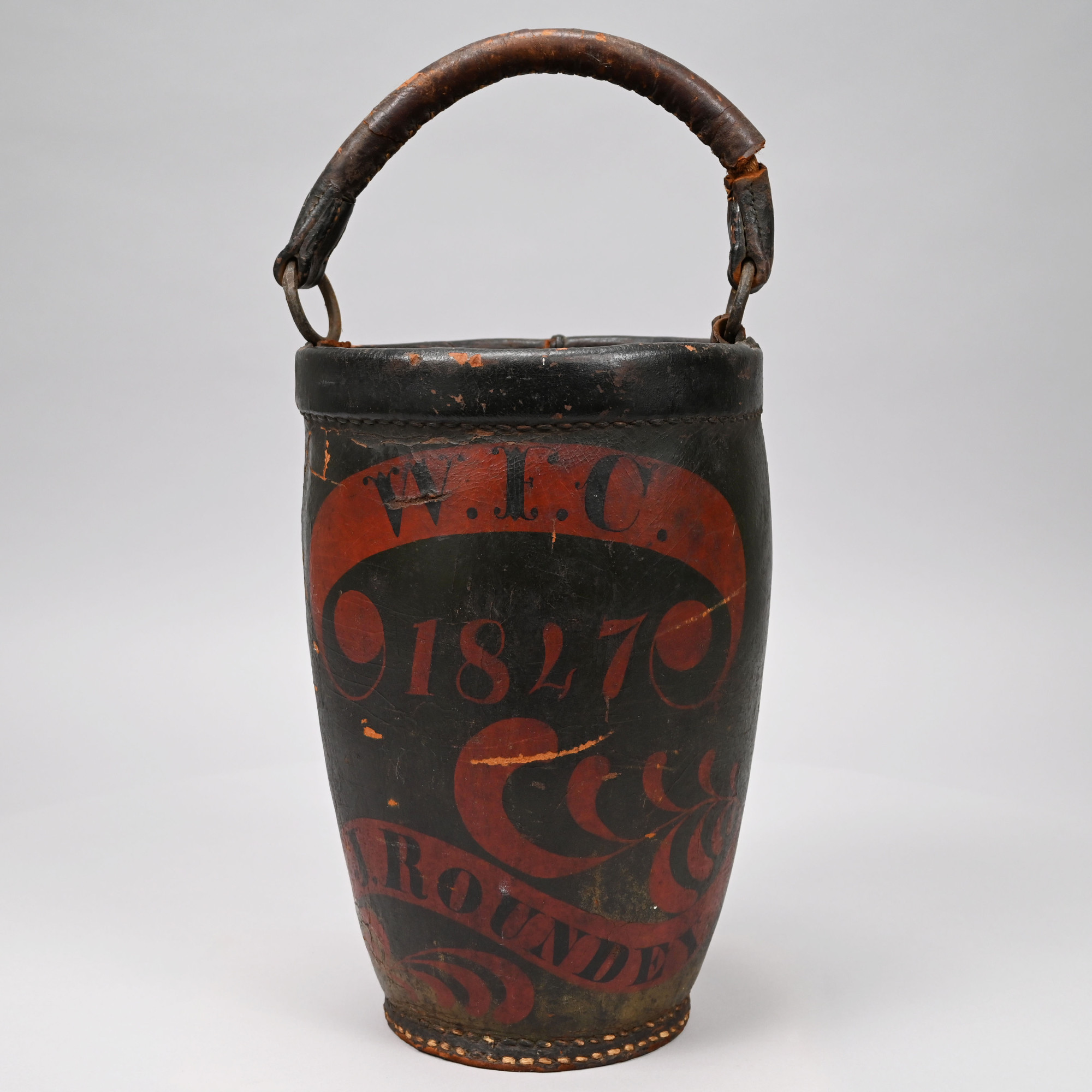 J. Roundey's Painted Leather Fire Bucket, Massachusetts, Dated 1847